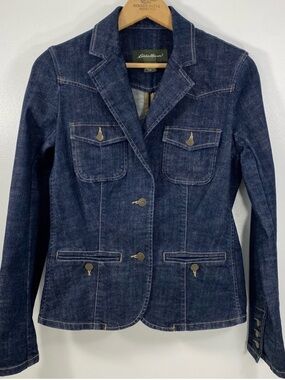 Eddie Bauer Classic Dark Wash Denim Blazer Jean Jacket Casual Suiting Stretch XS
